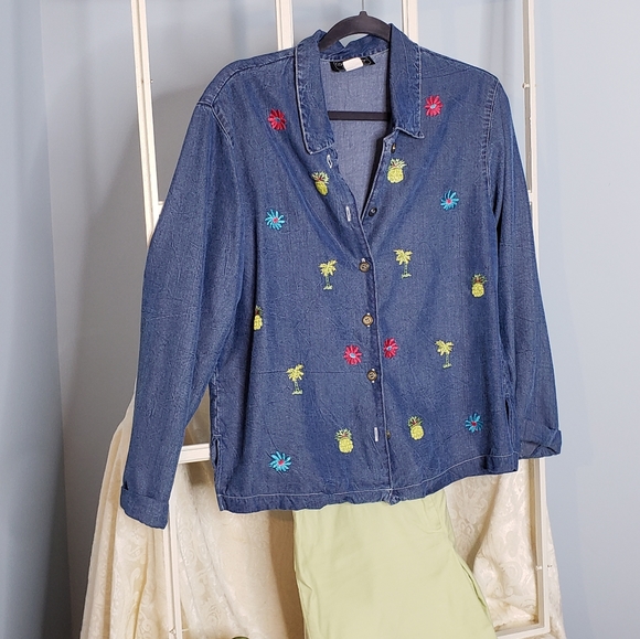 Tencel Tropical Embroidered Buttondown Retro Preppy Vacation Cruise Spring Top L - Picture 12 of 15